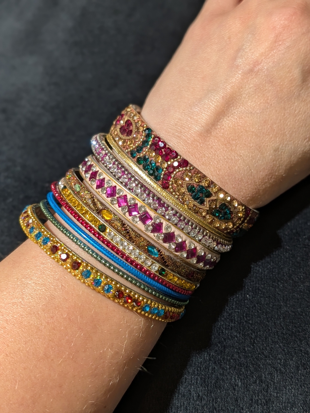 10 Gold Tone Multicolor Crystal Bangle Bracelet Set - Women Jewelry